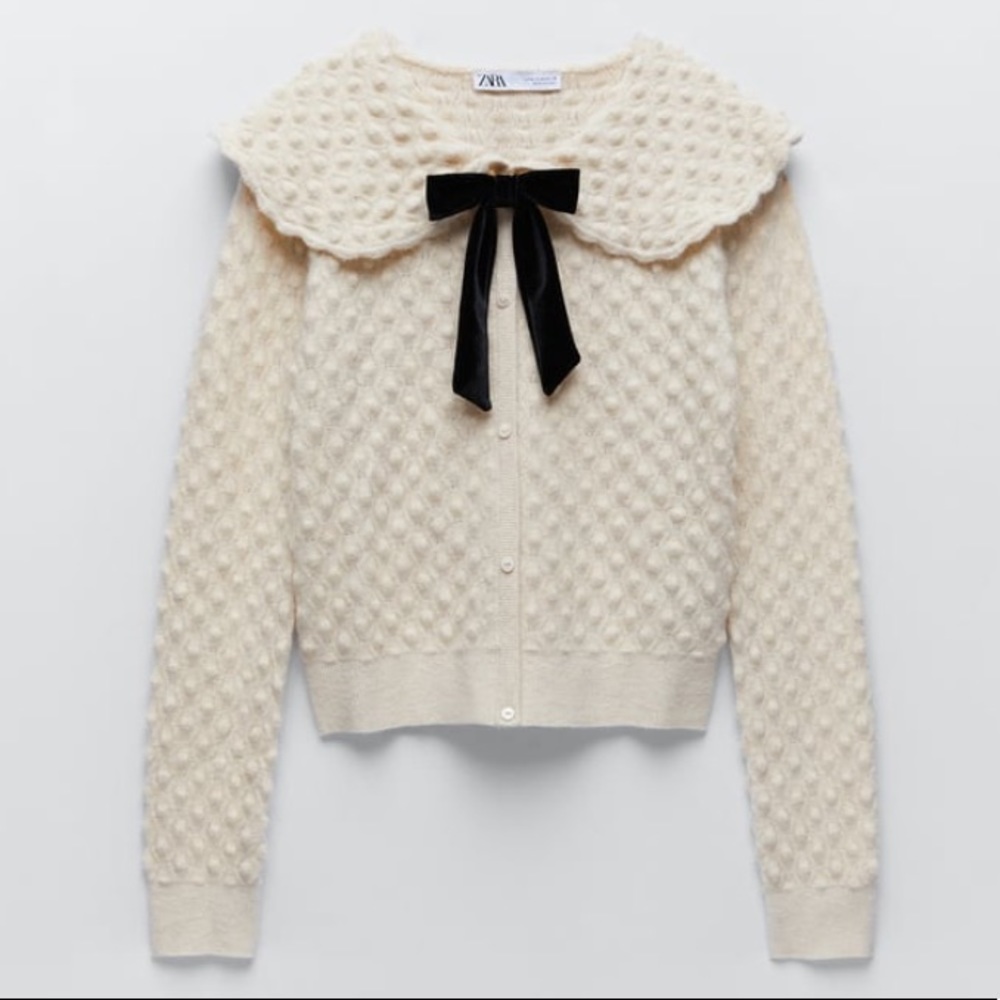 Zara bow trim textured knit sweater cardigan
